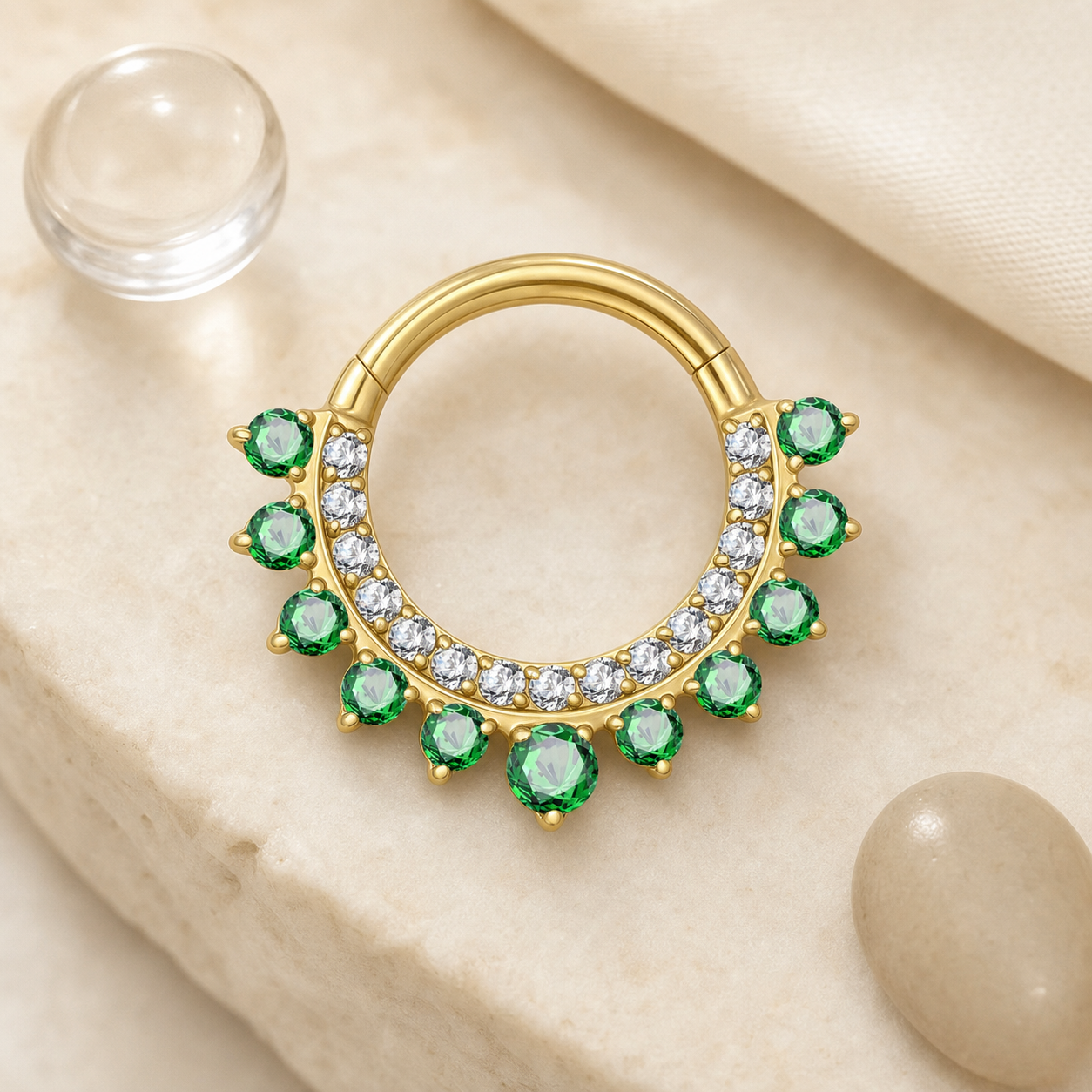 Green CZ ASTM F136 Titanium Segment Ring - Gold, 16G, 1.2 x 8 mm — styled flat lay (P-SR-0073-G01)