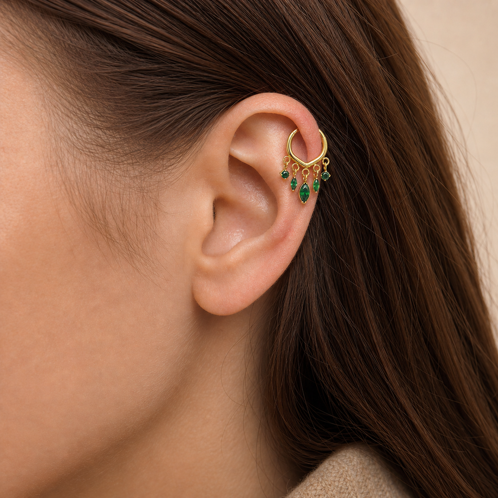 Green CZ ASTM F136 Titanium Segment Ring - Gold, 16G, 1.2 x 8 mm — wearing view one (P-SR-0074-G01)