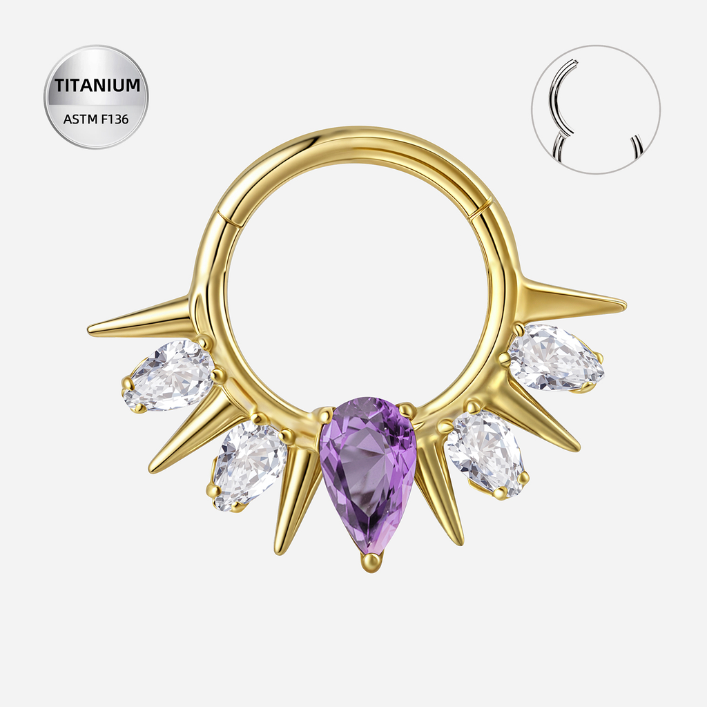 Purple CZ ASTM F136 Titanium Segment Ring - Gold, 16G, 1.2 x 8 mm — product detail views (P-SR-0076-G01)