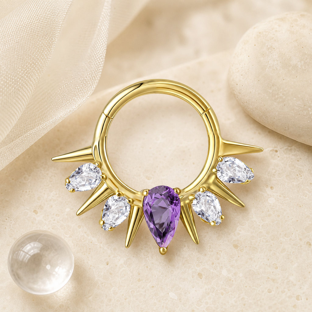 Purple CZ ASTM F136 Titanium Segment Ring - Gold, 16G, 1.2 x 8 mm — styled flat lay (P-SR-0076-G01)
