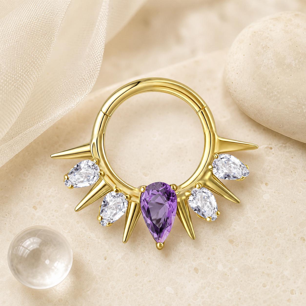 Purple CZ ASTM F136 Titanium Segment Ring - Gold, 16G, 1.2 x 8 mm — styled flat lay (P-SR-0076-G01)