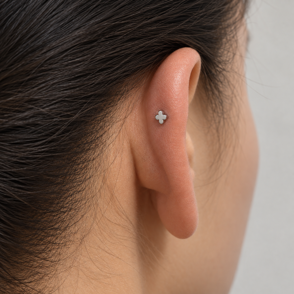 ASTM F136 Titanium Piercing Part - Silver, Threadless, 16G, 1.2 x 6+4 mm — wearing view four (P-PT-0007-S01)
