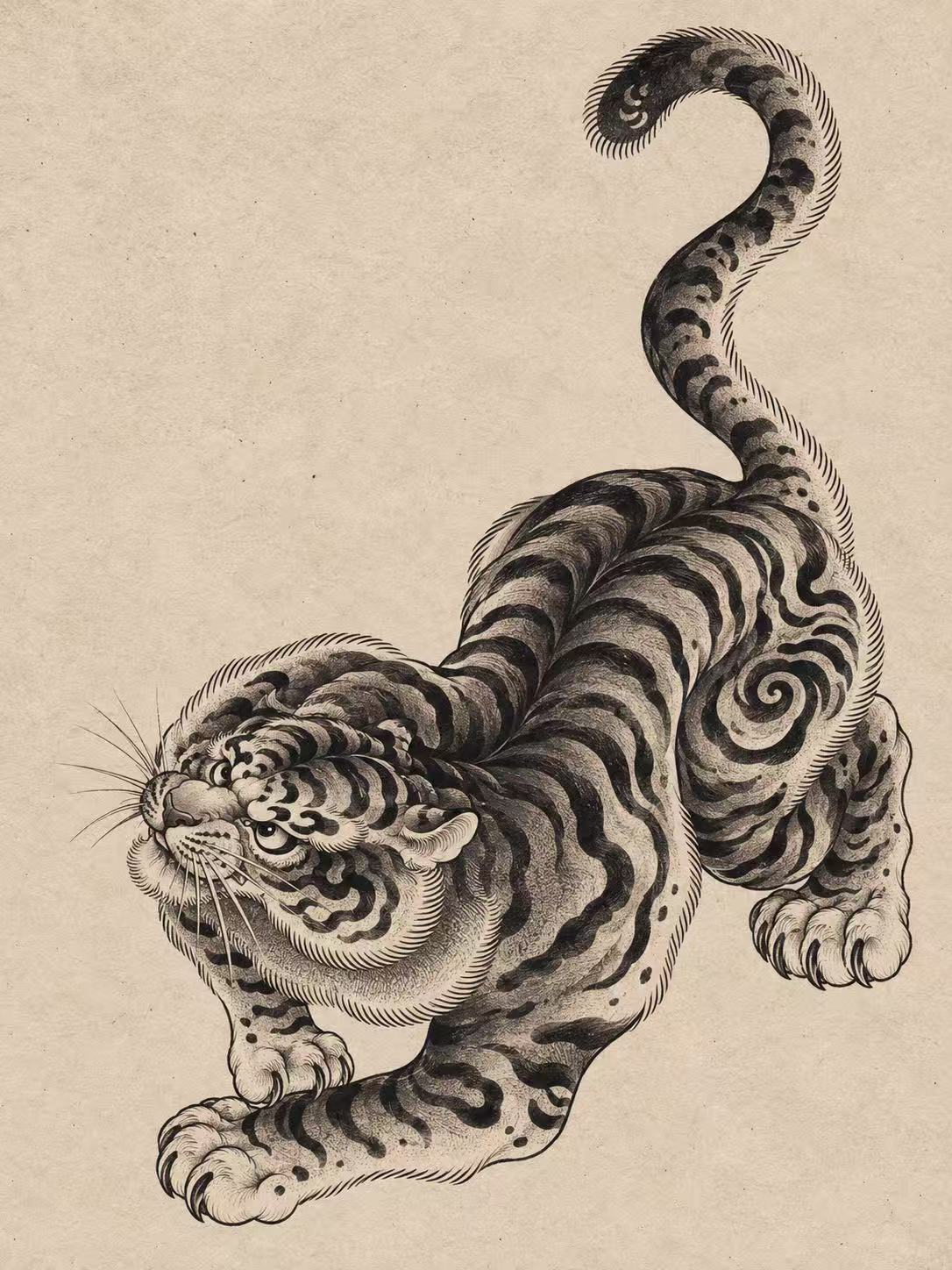Full-body striped tiger, black-and-gray, upward curling tail. Flash tattoo design by Bennet.