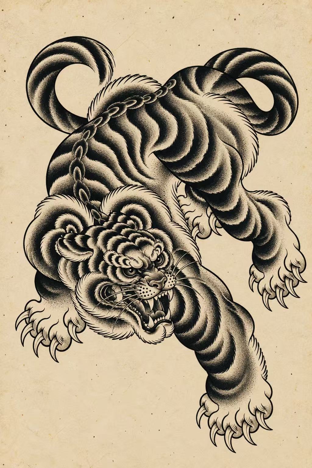 Full-body leaping tiger with open mouth, black-and-gray. Flash tattoo design by Bennet.