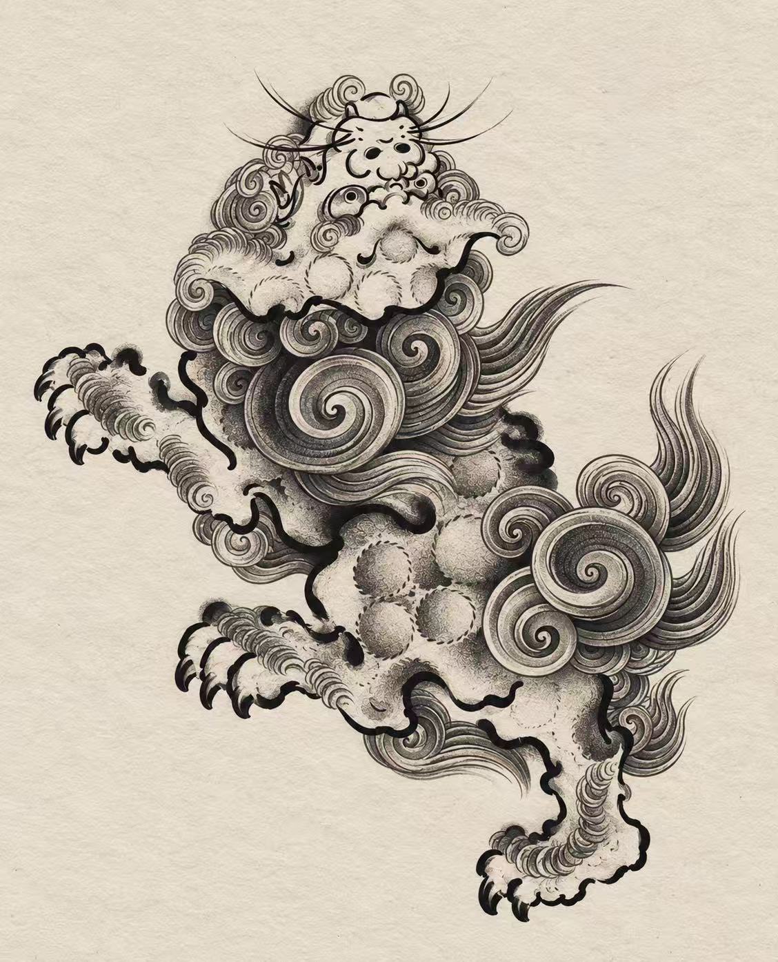 Full-body guardian lion with curled mane, black-and-gray. Flash tattoo design by Bennet.