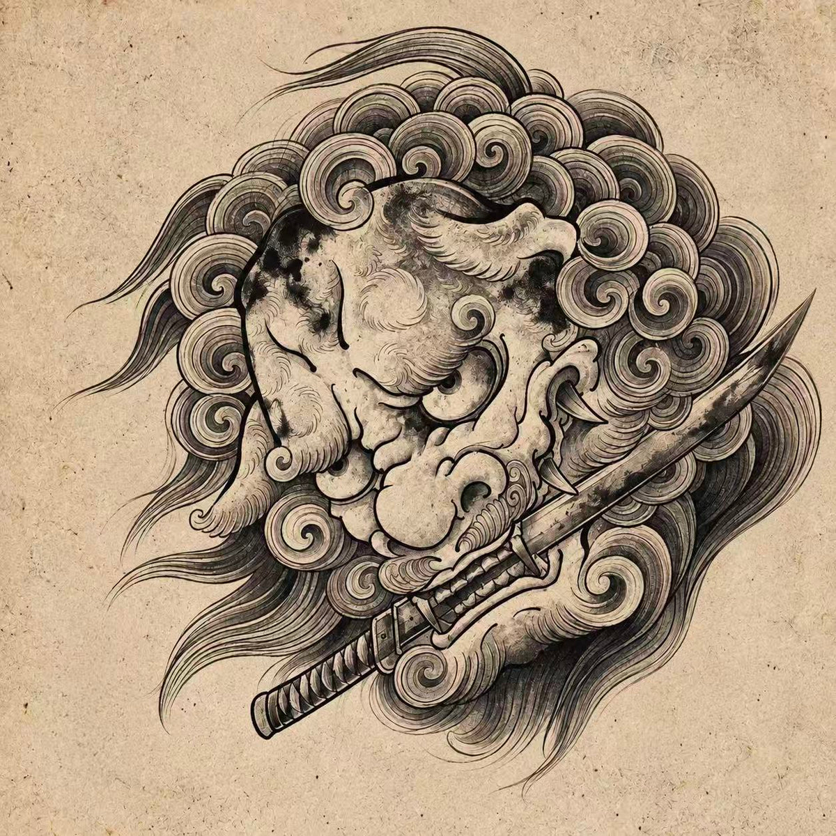 Guardian lion head holding a sword in its mouth, black-and-gray. Flash tattoo design by Bennet.