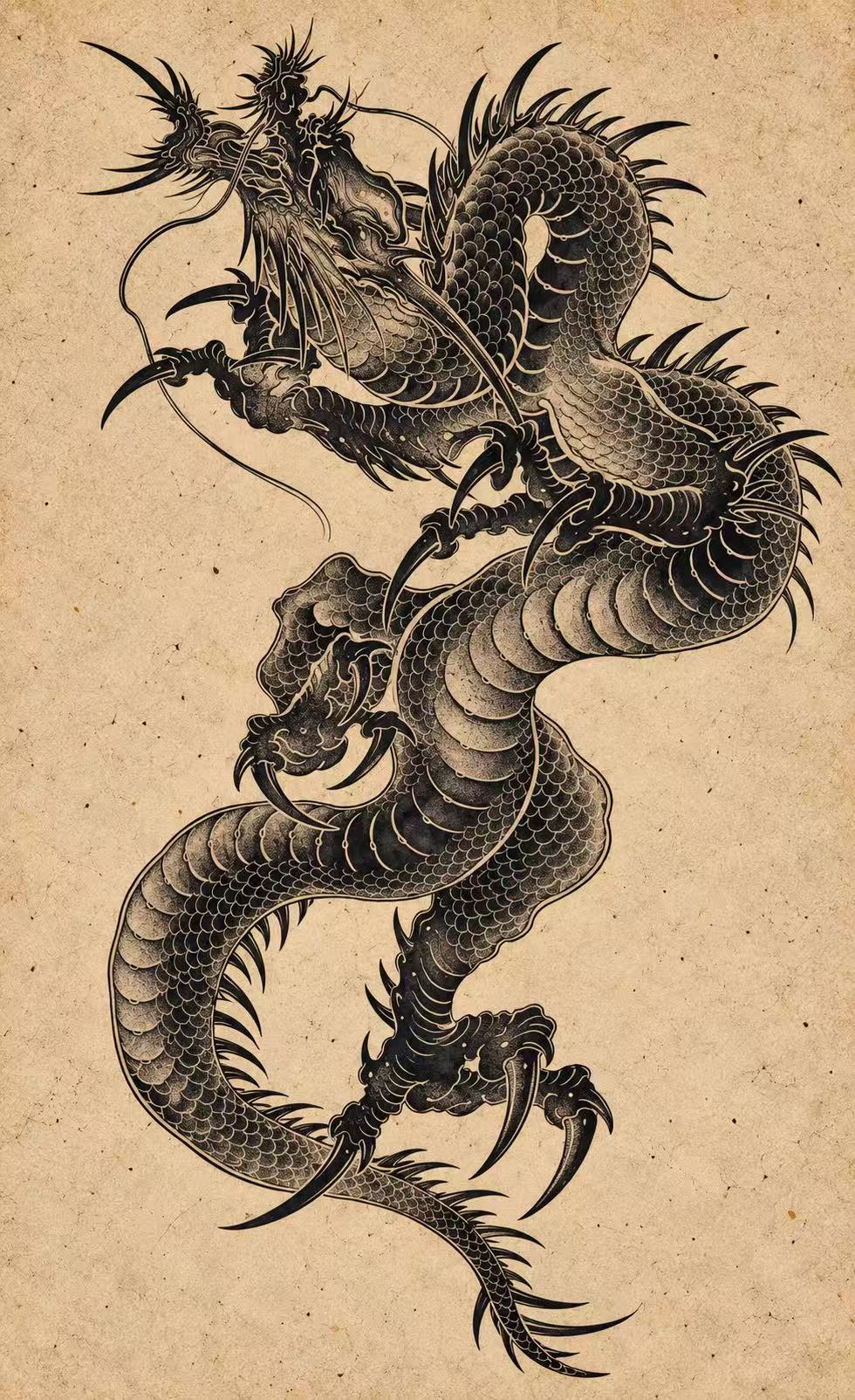 Slender full-body coiling black dragon. Flash tattoo design by Bennet.