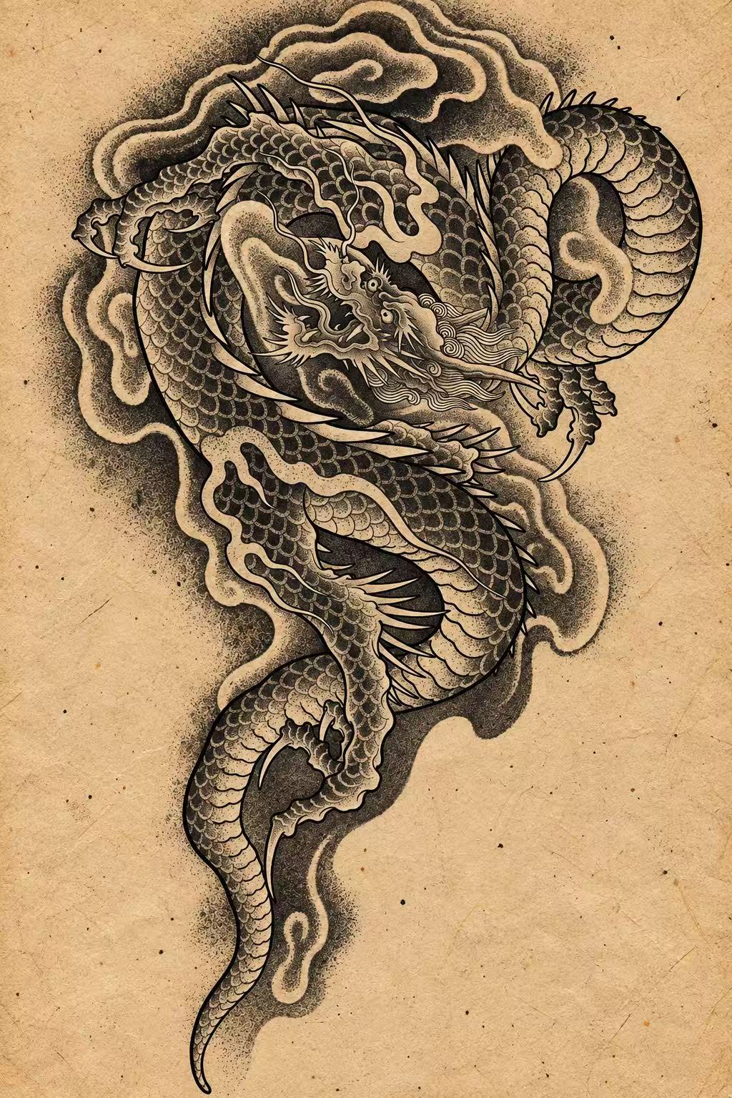 Full-body black-and-gray coiling dragon with dark cloud shapes. Flash tattoo design by Bennet.