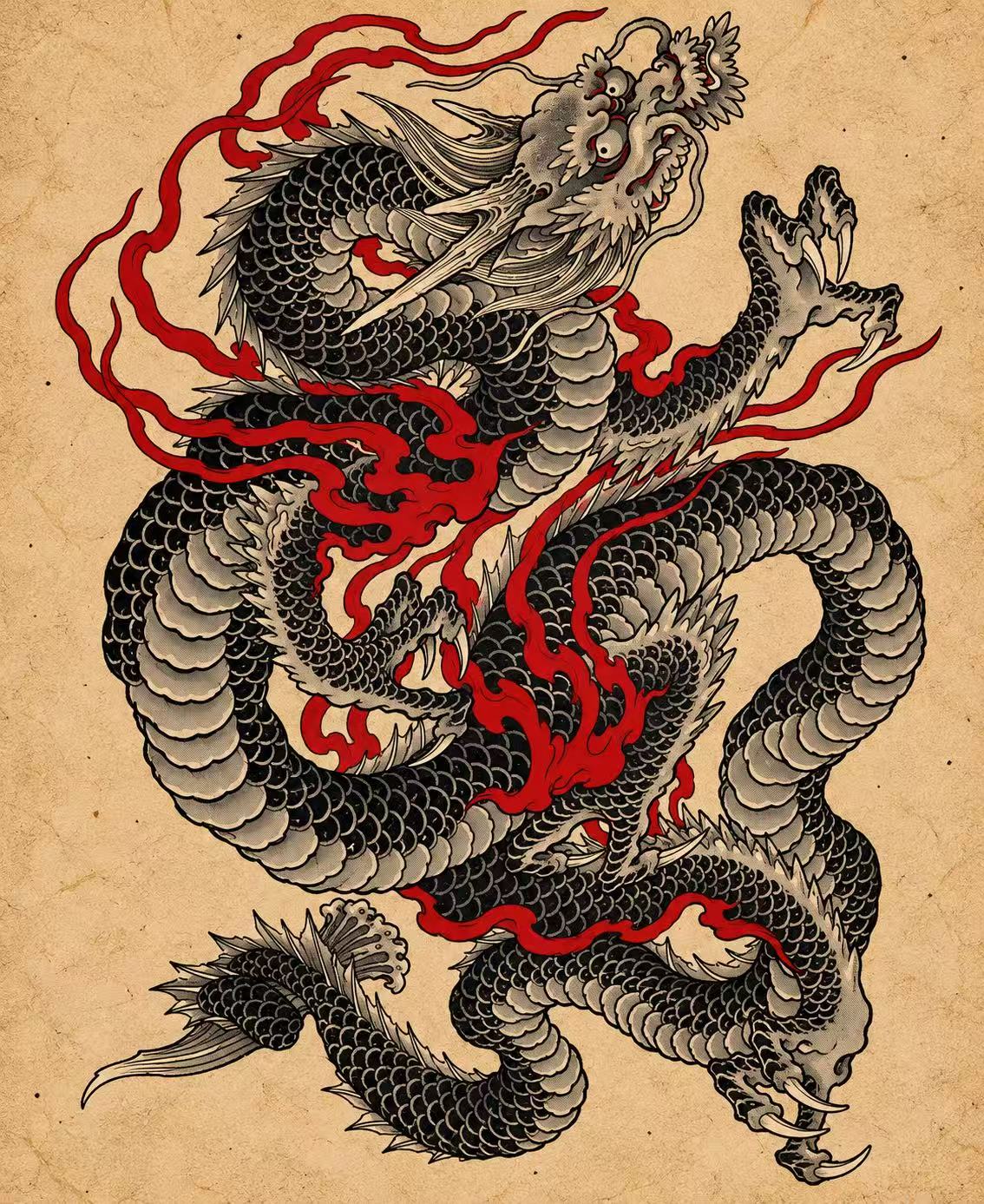 Black-and-gray full-body dragon among red flames, head upper-right. Flash tattoo design by Bennet.
