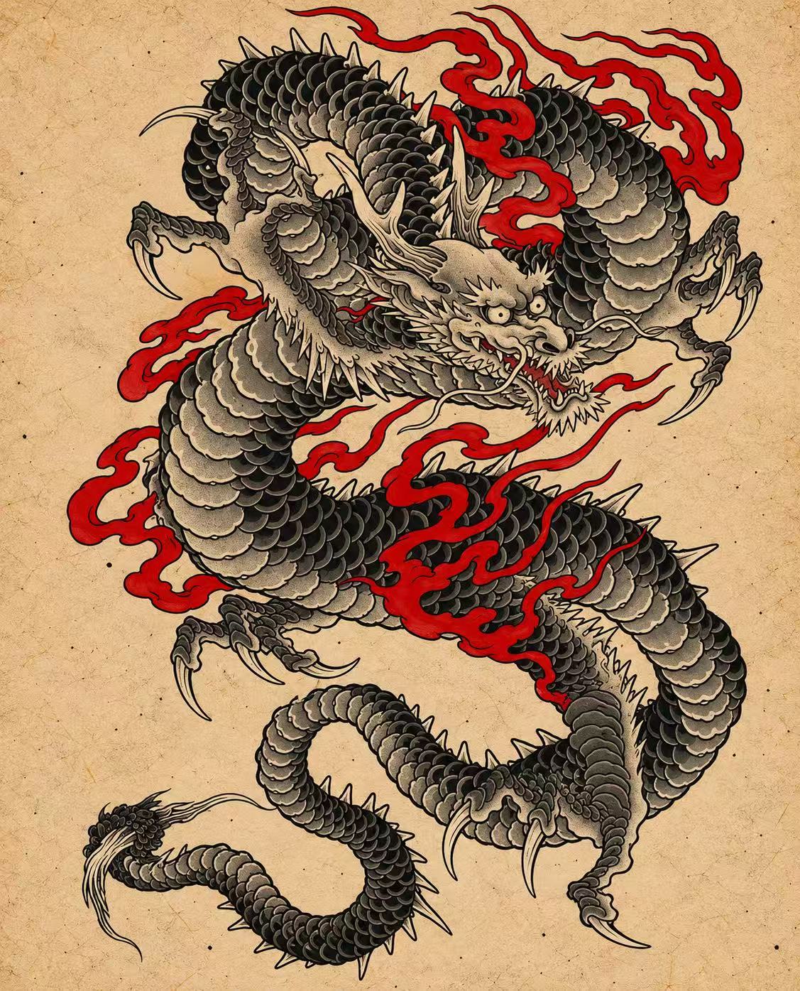 Black-and-gray coiling dragon among red flames, face at upper center. Flash tattoo design by Bennet.
