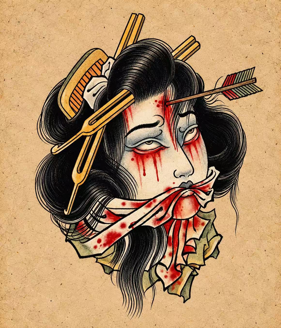 Traditional severed female head with arrow and blood. Flash tattoo design by Bennet.