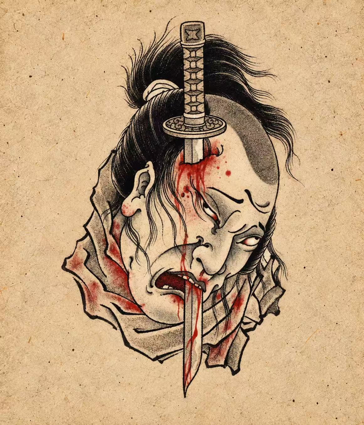 Traditional severed male head pierced by sword, blood. Flash tattoo design by Bennet.