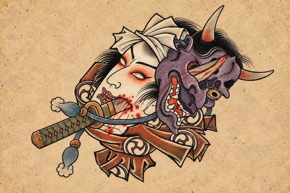 Severed head paired with purple hannya mask and blade, blood. Flash tattoo design by Bennet.
