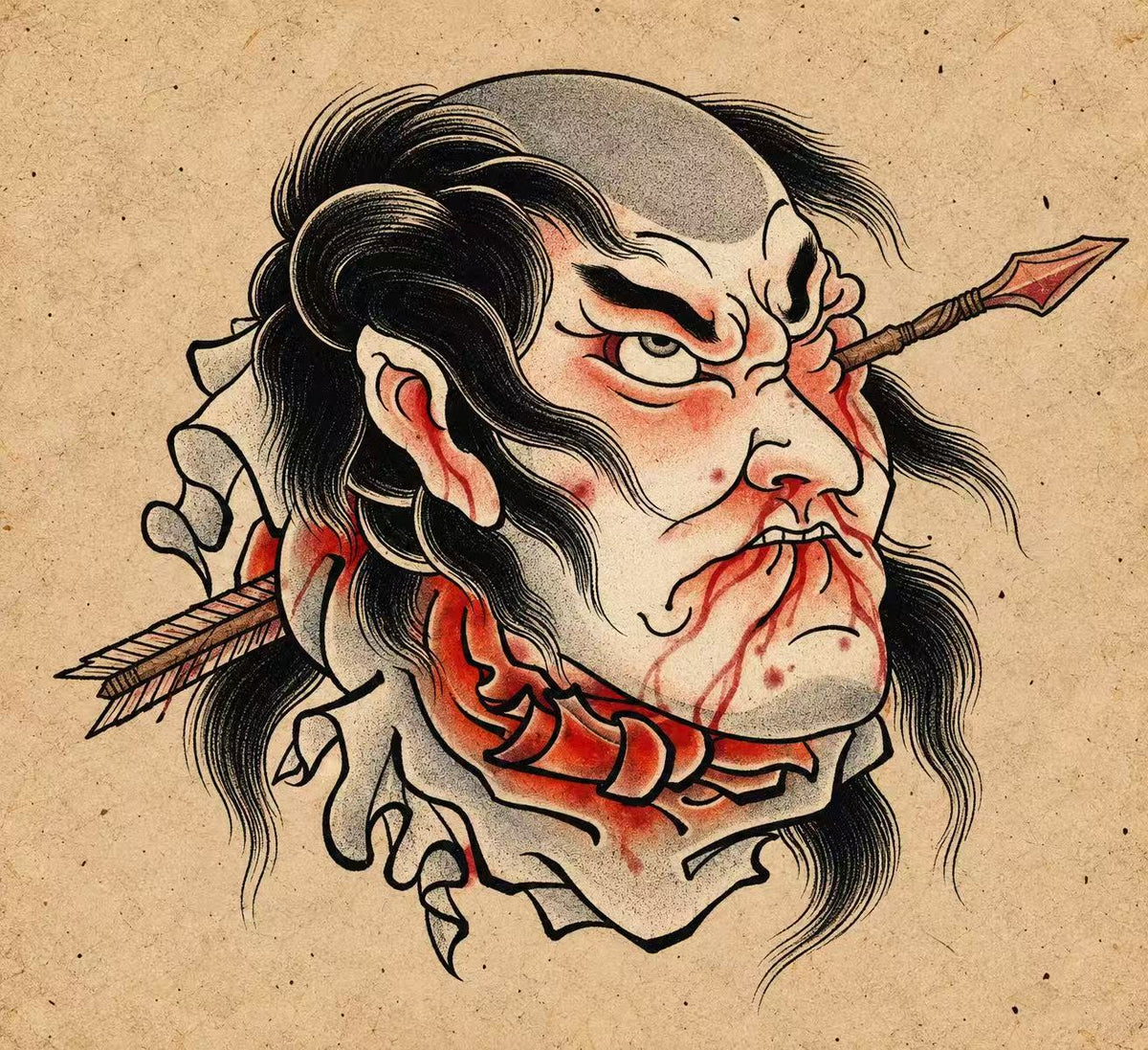 Traditional severed male head with arrow and blood. Flash tattoo design by Bennet.