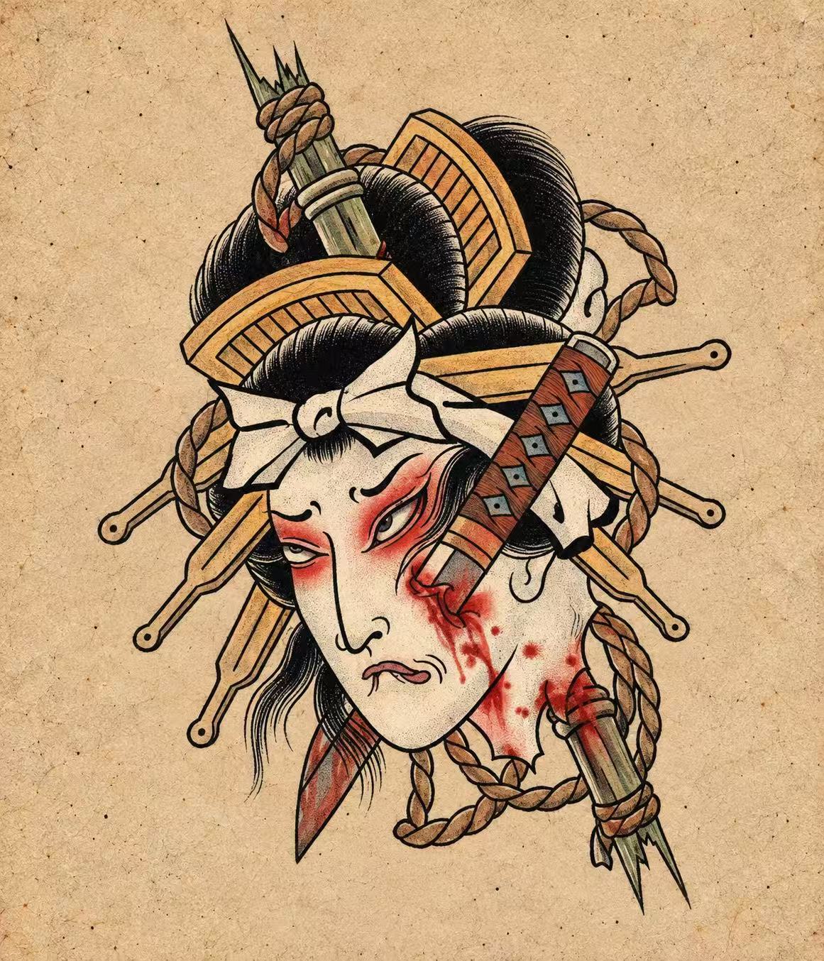 Severed female head surrounded by rope, hair ornaments and blade, blood. Flash tattoo design by Bennet.