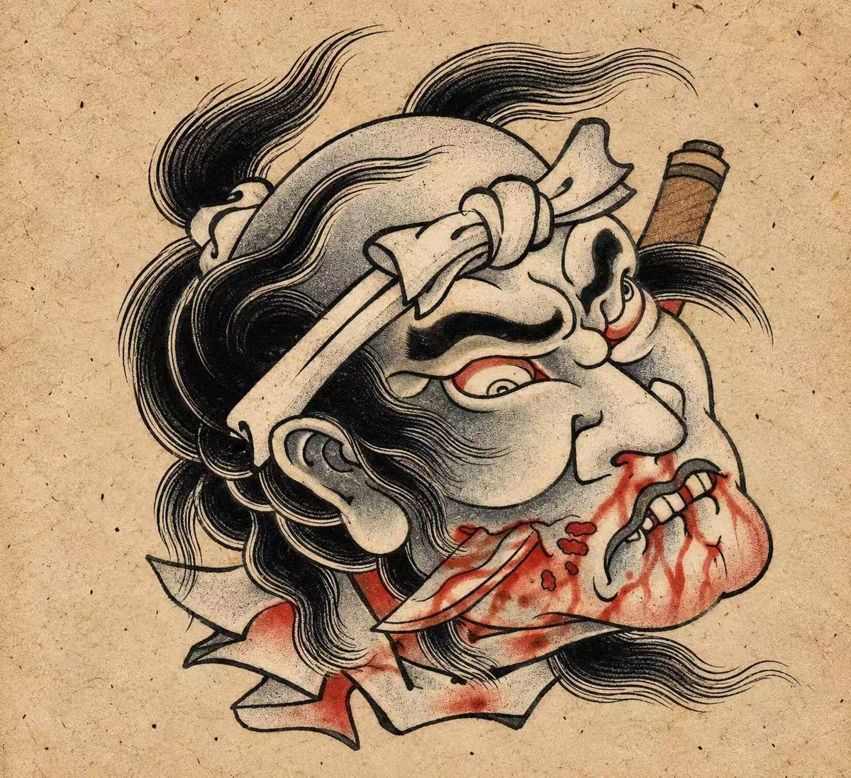 Traditional severed male head with headband and blade through cheek, blood. Flash tattoo design by Bennet.
