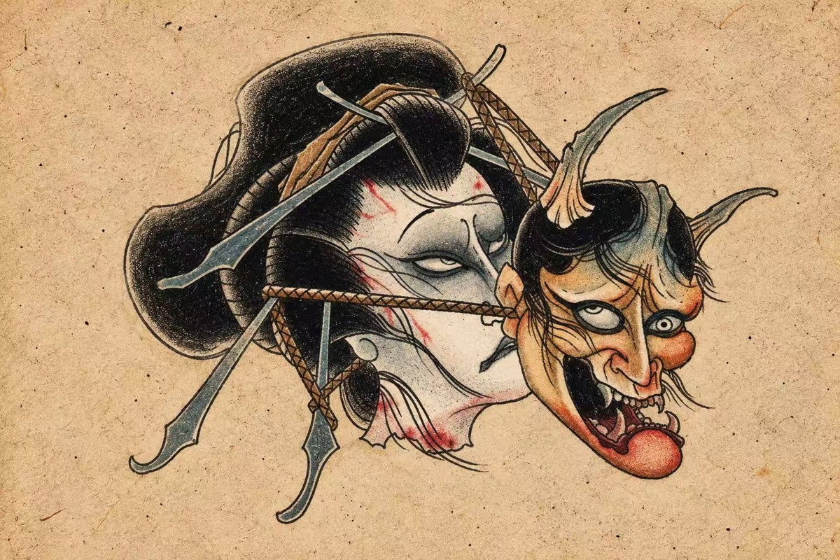 Bound severed female head beside ochre hannya mask, blood. Flash tattoo design by Bennet.