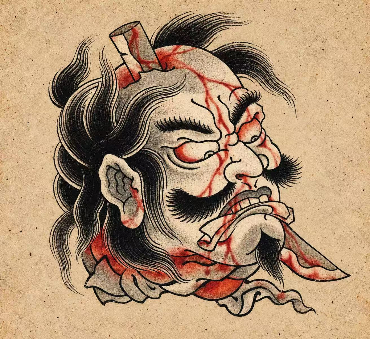 Severed male head with broken blade in forehead, blood. Flash tattoo design by Bennet.