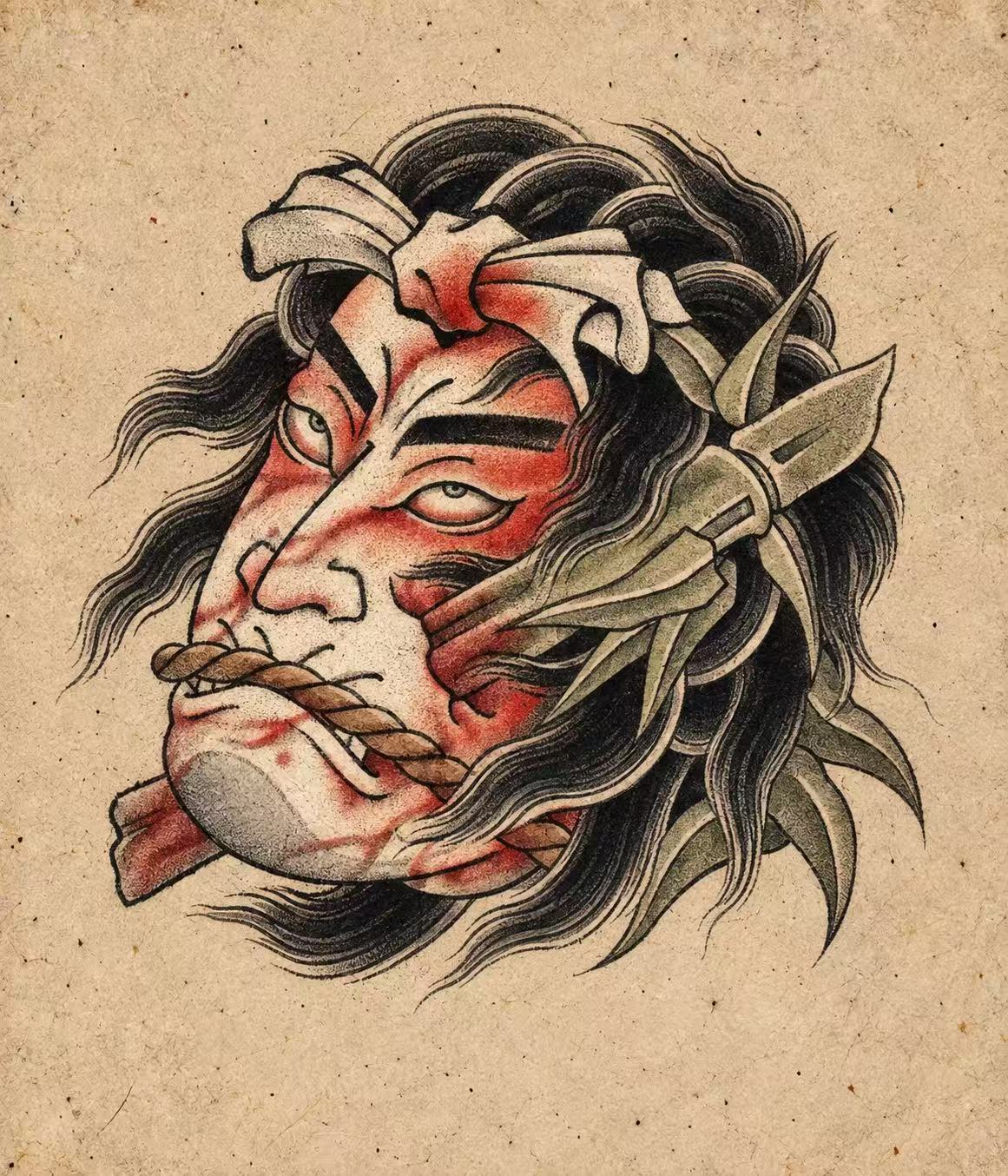 Severed head tied with rope, pierced by spear, blood. Flash tattoo design by Bennet.