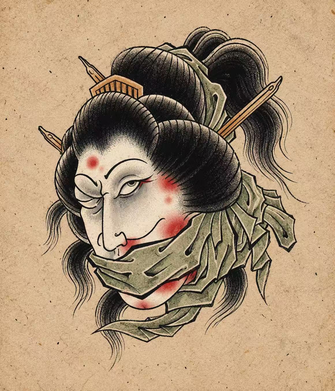 Traditional female severed-head portrait with cloth at mouth and neck. Flash tattoo design by Bennet.