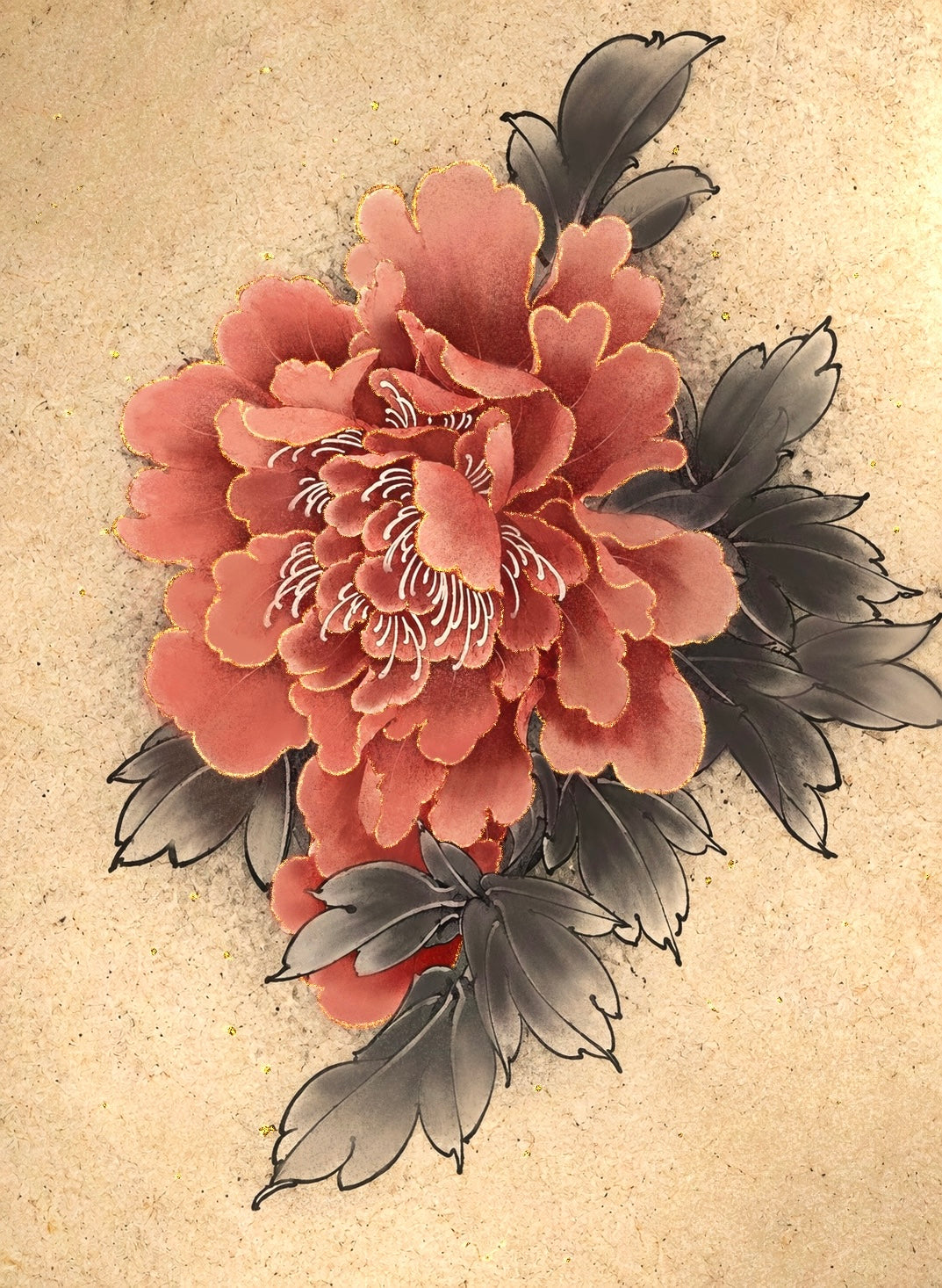 Single large red peony bloom with gray leaves. Flash tattoo design by Bennet.