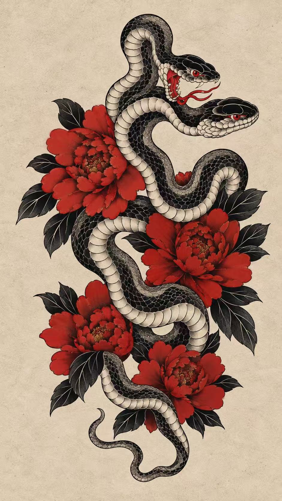 Two black snakes intertwined with multiple red peonies. Flash tattoo design by Bennet.