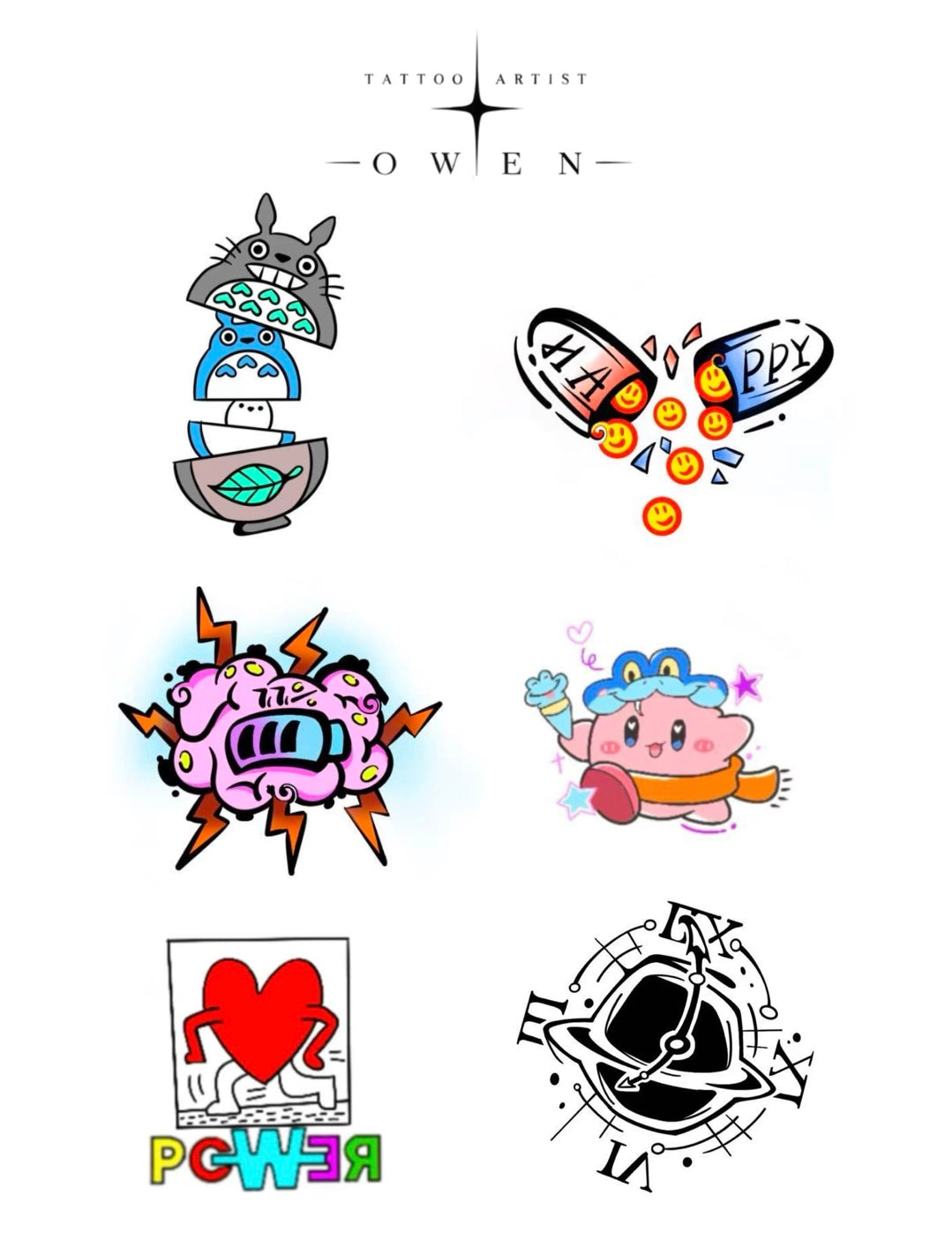Color pop character flash tattoo sheet by Owen
