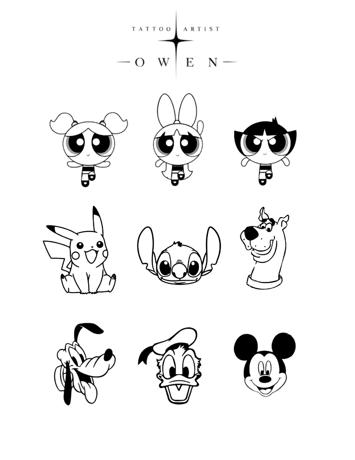 Black-and-white cartoon-inspired flash tattoo sheet by Owen