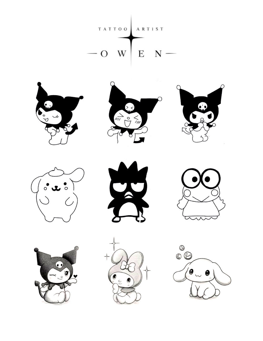 Black-and-white playful character charm flash tattoo sheet by Owen