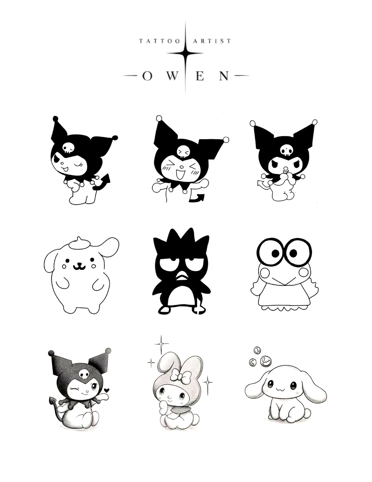 Black-and-white playful character charm flash tattoo sheet by Owen