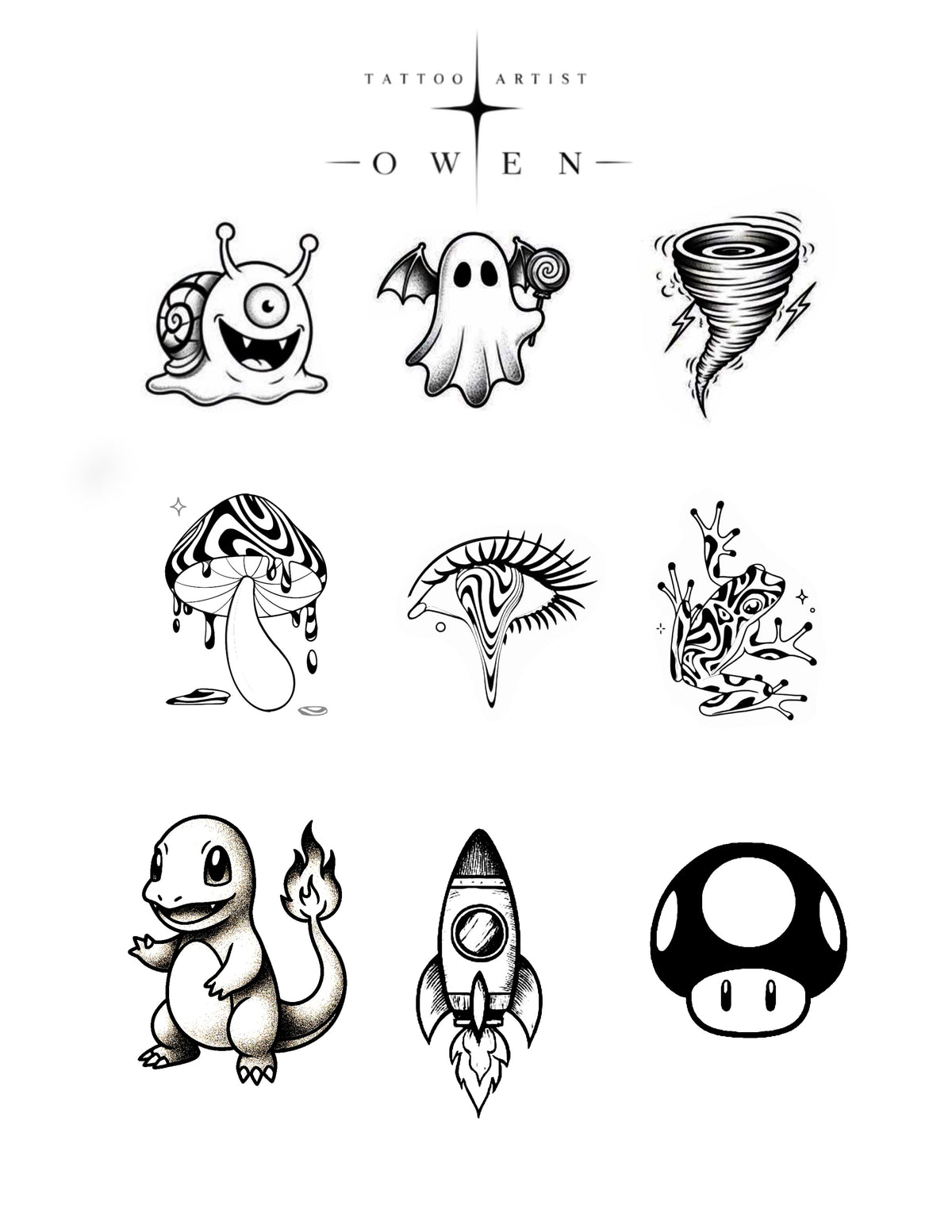 Black-and-white whimsical creature flash tattoo sheet by Owen