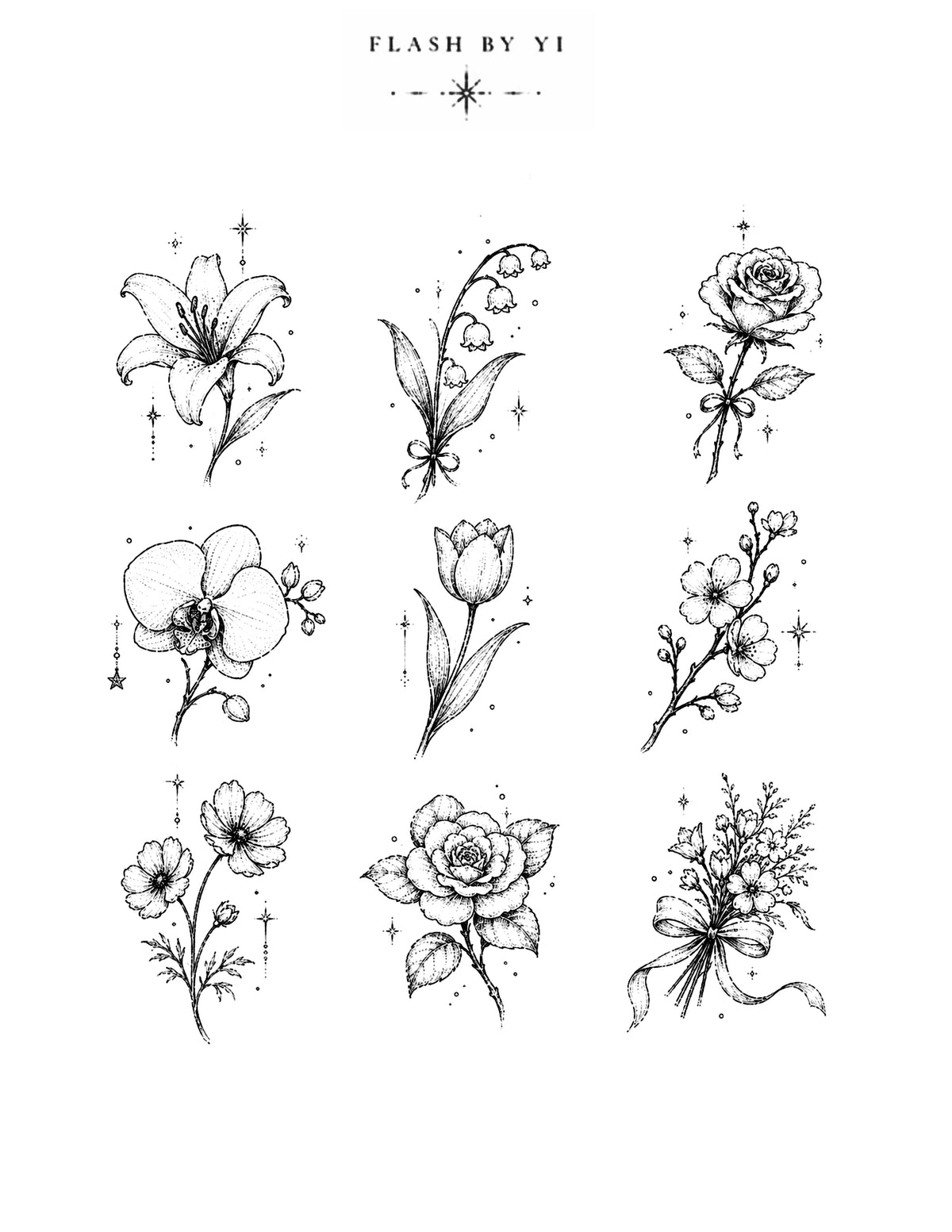 Yi fine-line floral flash sheet with lilies, roses, and botanical designs