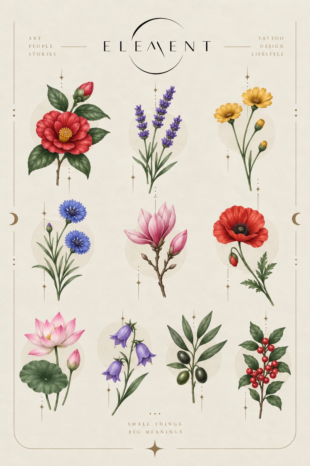 Colored botanical flash tattoos including red flowers, lavender, lotus and delicate leafy stems by Element