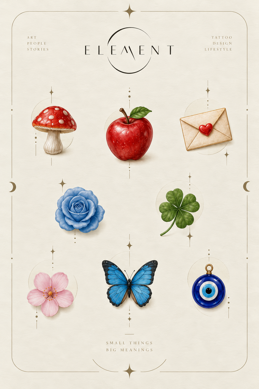 Small colorful keepsake flash tattoos including mushroom, apple, love letter, blue rose, clover, blossom, butterfly and eye charm by Element