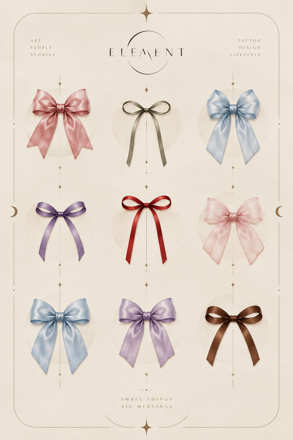 Nine delicate satin bow flash tattoos in pink, blue, red, purple and neutral colors by Element