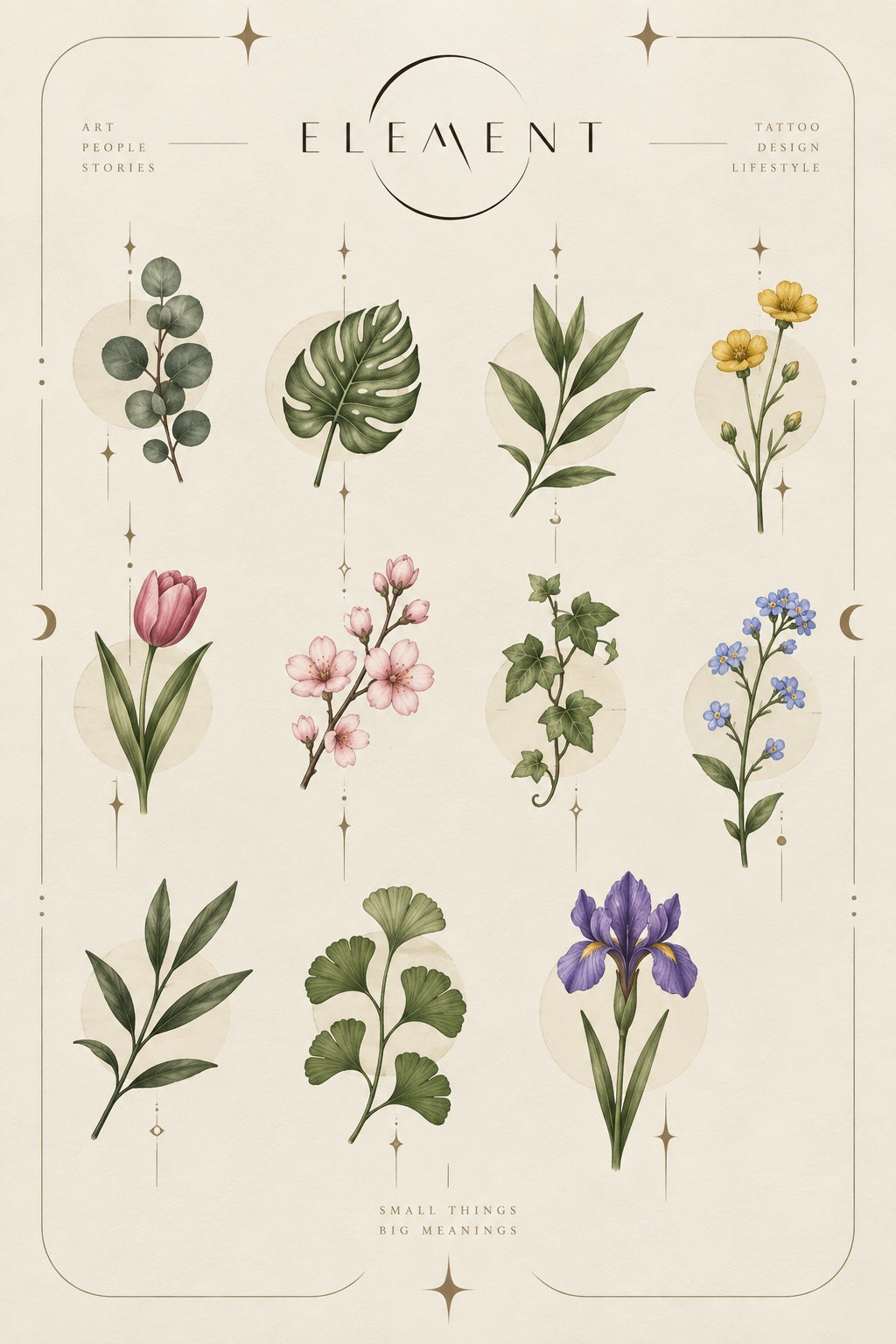 Fine botanical sprig flash tattoos with colored leaves, tulip, cherry blossom, ginkgo and iris by Element