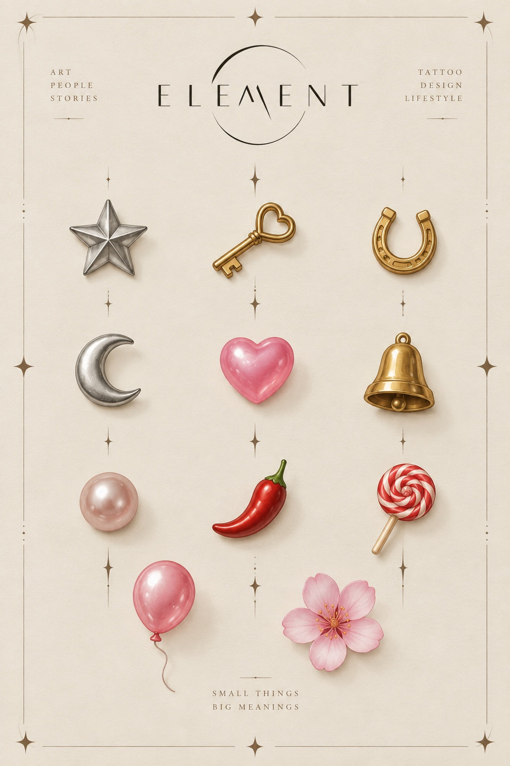 Small colorful charm flash tattoos including star, heart key, horseshoe, crescent, heart, bell, pearl, chili, candy, balloon and flower by Element