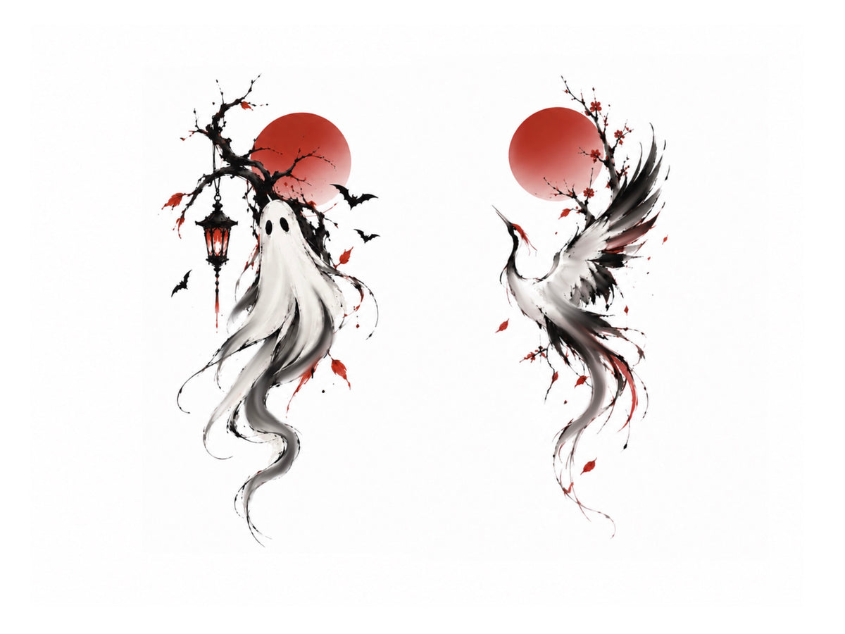 Red Moon Ghost and Crane Flash Sheet flash tattoo artwork by Element, 3–8 inches per selected design