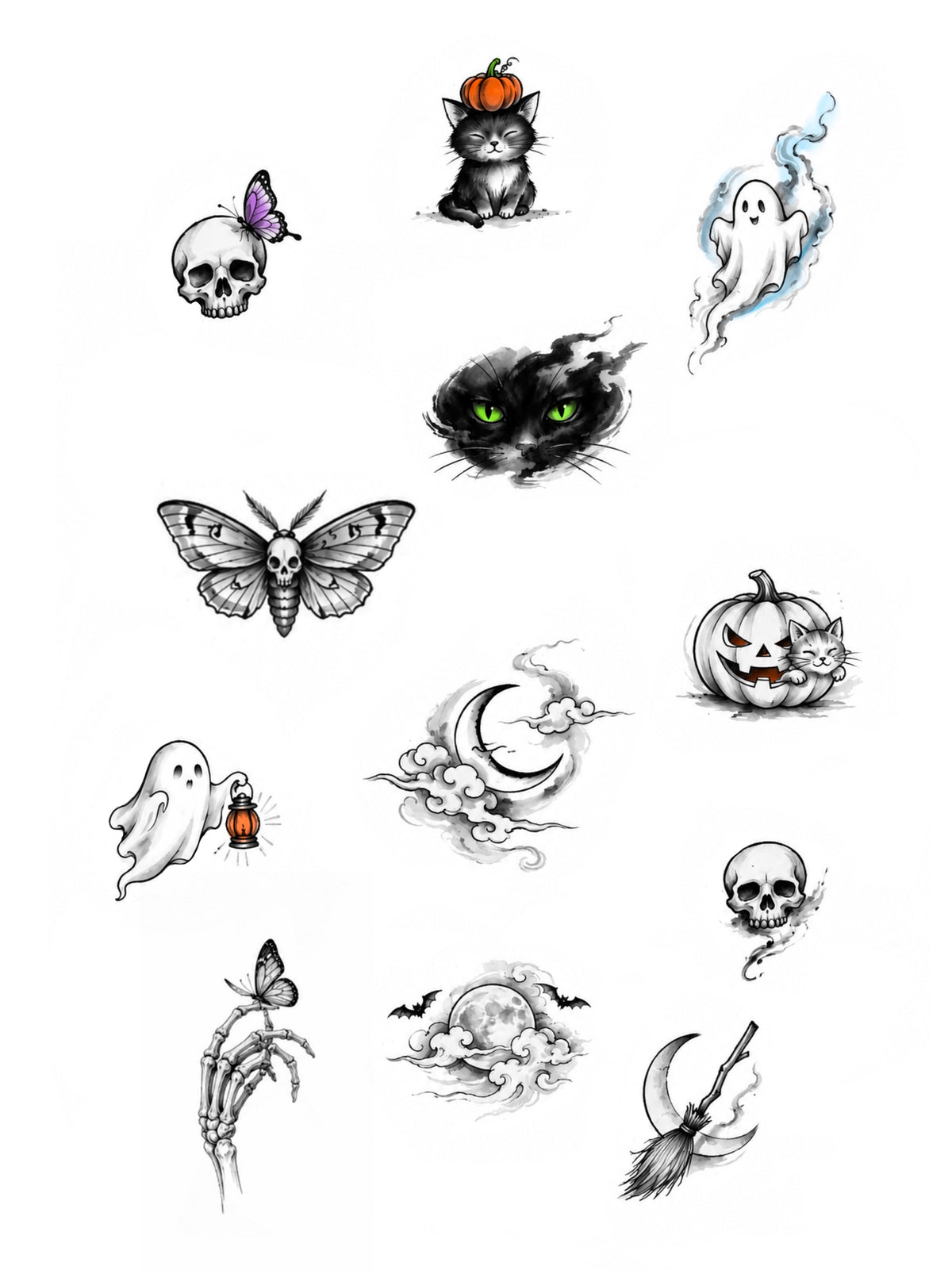 Halloween Cats Ghosts and Moons Flash Sheet flash tattoo artwork by Element, 2–4 inches per selected design
