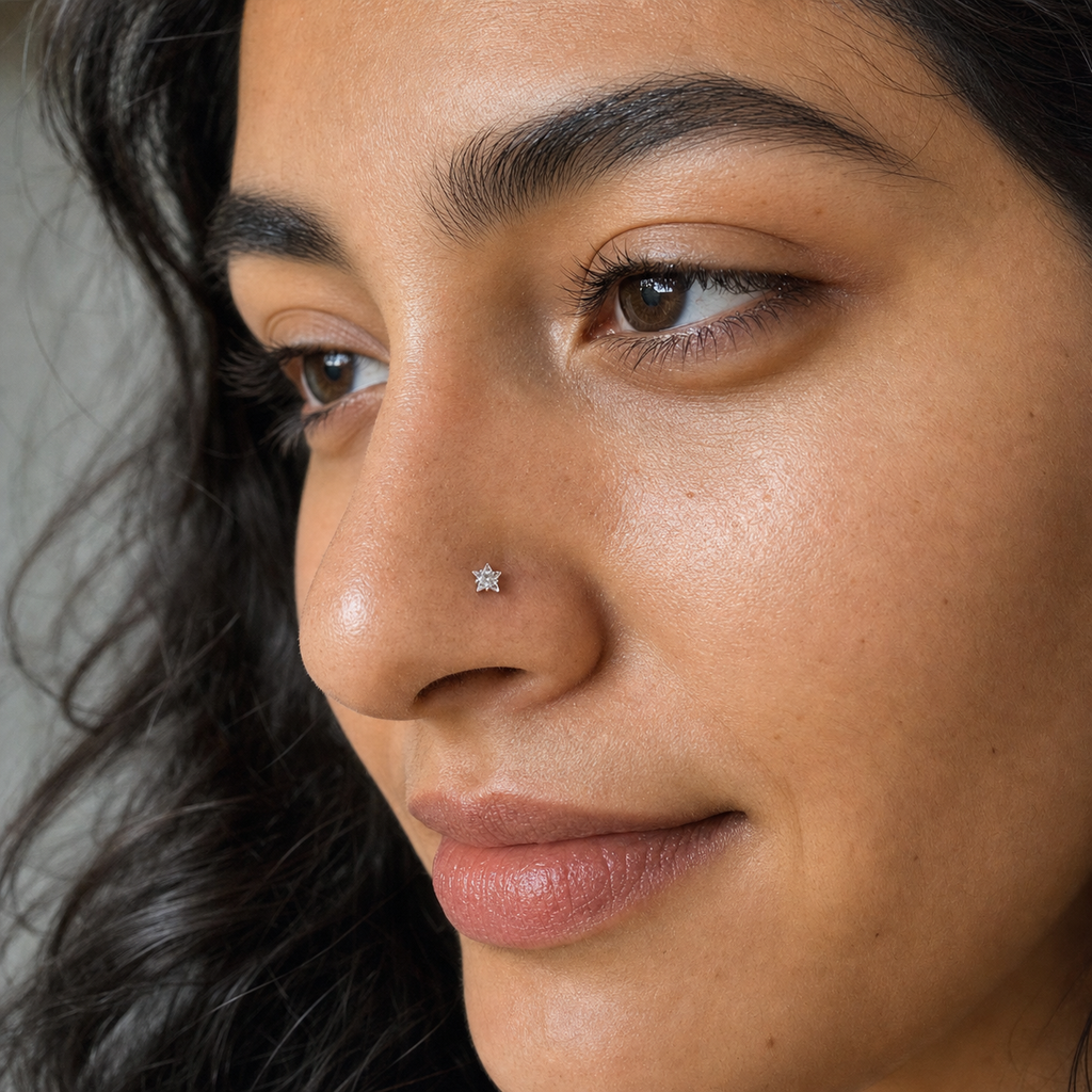 [TOPOSH-ROLE-ORDER-CLEANUP-20260717-BATCH10:TP-NS-L-SIL-20G7-T3-CLCZ-007:04] Star Clear CZ Titanium L-Bend Nose Stud – Silver | 04_model_asian