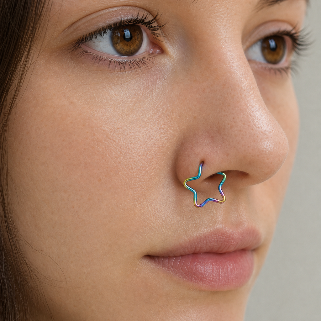 [TOPOSH-ROLE-ORDER-CLEANUP-20260717-BATCH12:TP-NS-RB-20G8-PLN-009:02] Star Charm Titanium Nose Hoop – Rainbow | 02_model_white
