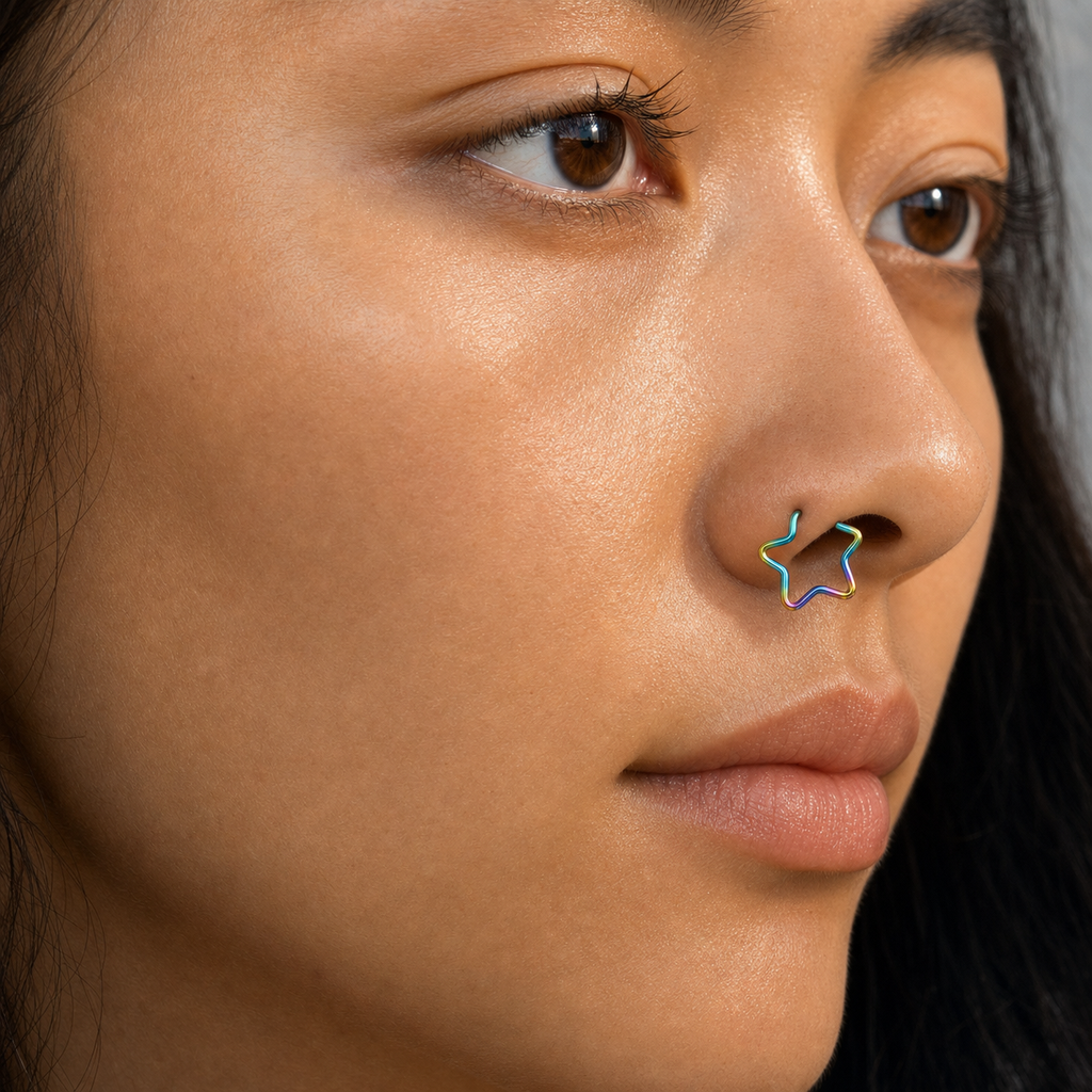 [TOPOSH-ROLE-ORDER-CLEANUP-20260717-BATCH12:TP-NS-RB-20G8-PLN-009:04] Star Charm Titanium Nose Hoop – Rainbow | 04_model_asian