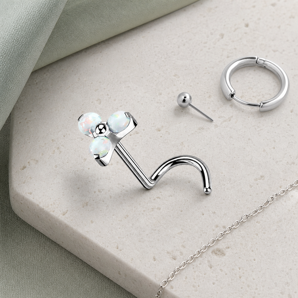 [TOPOSH-ROLE-ORDER-CLEANUP-20260717-BATCH12:TP-NS-SIL-0.8-WOP-053:06] White Opal Titanium Nose Jewelry – Silver | 06_accessory_flatlay