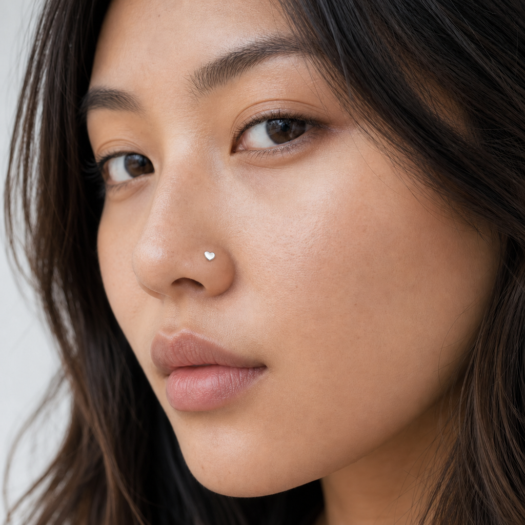 [TOPOSH-ROLE-ORDER-CLEANUP-20260717-BATCH12:TP-NS-WG-20G6-PLN-025:04] Heart Titanium Nose Hoop – White Gold | 04_model_asian