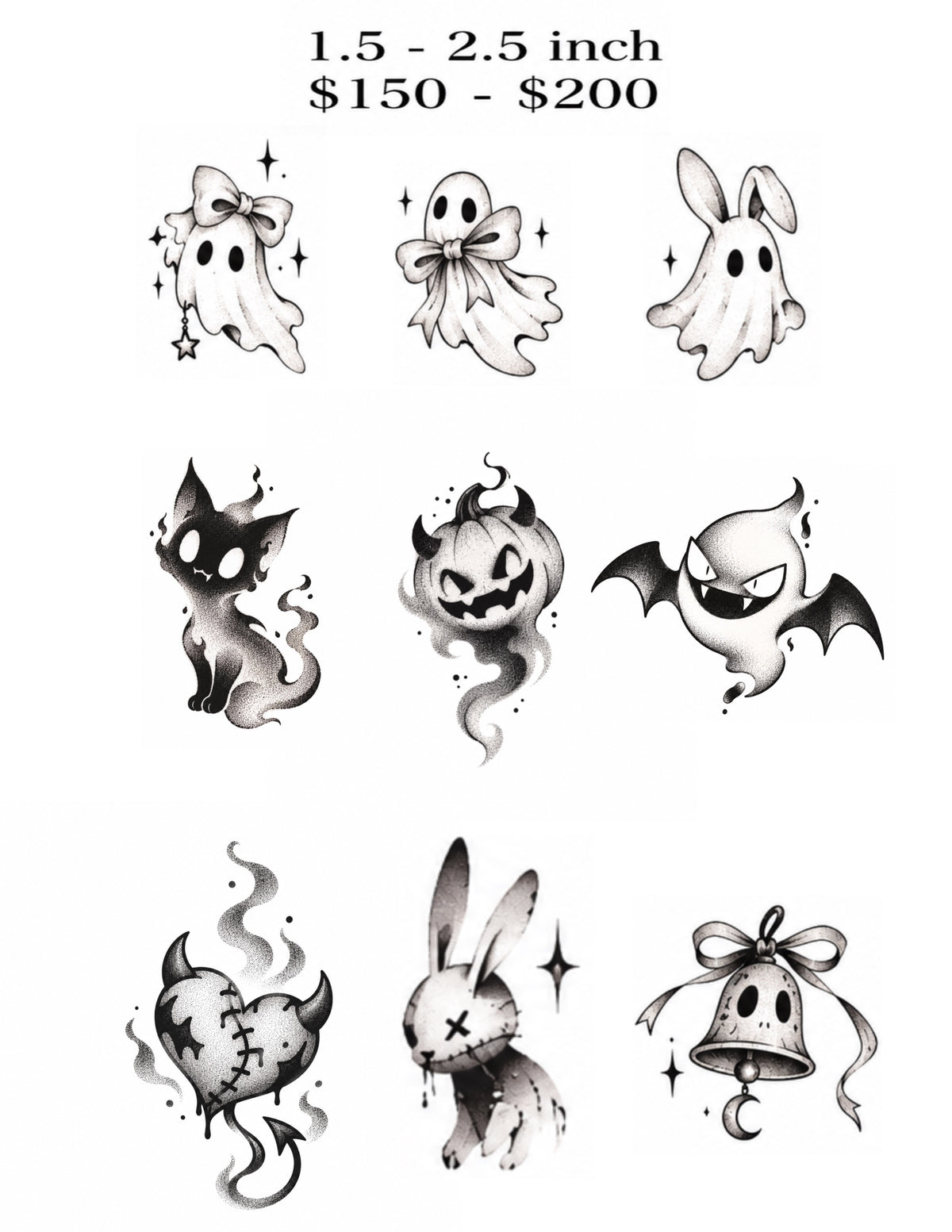 Ghostly Bows & Bunnies Halloween flash sheet by Owen, 9 designs, 1.5–2.5 inches per selected design