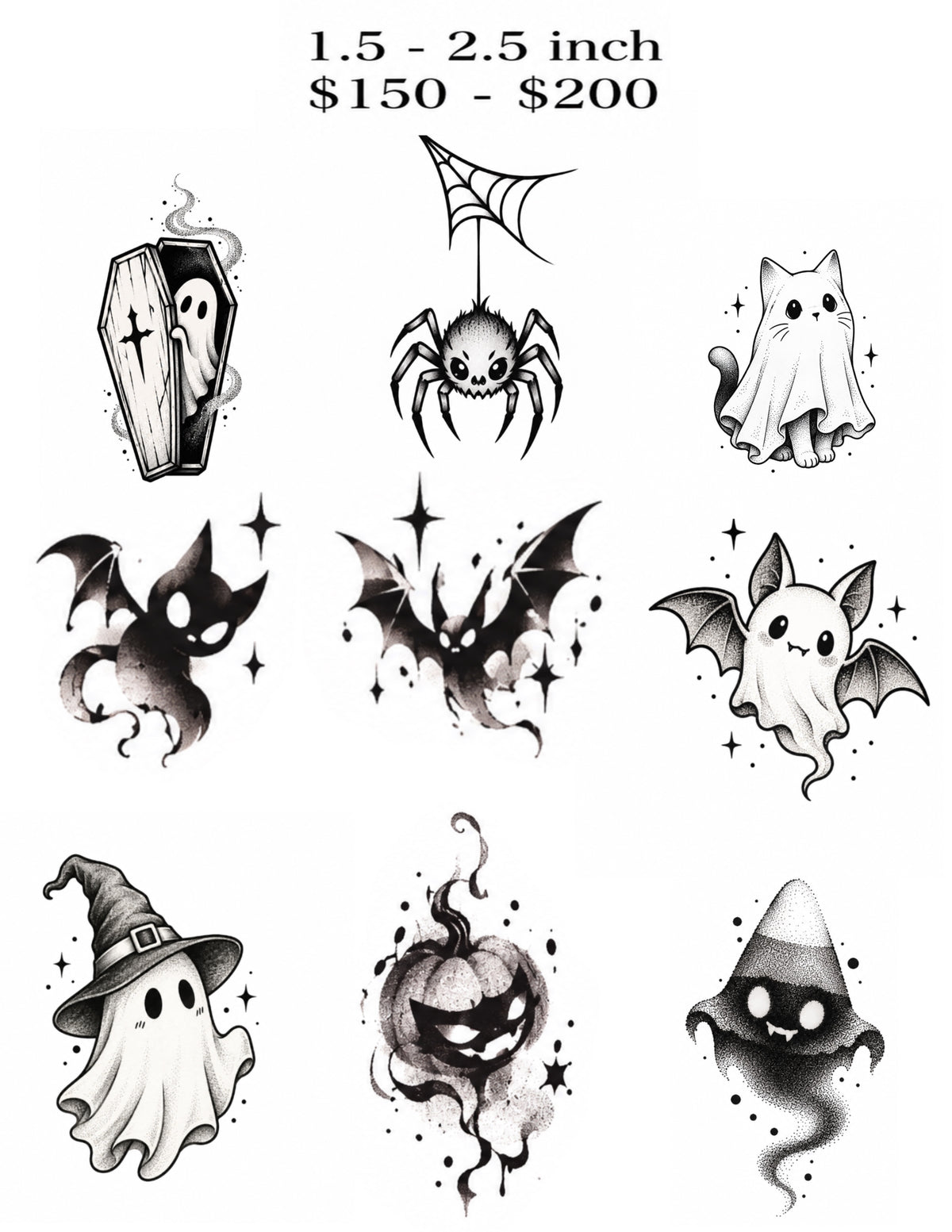 Playful Ghosts & Bats Halloween flash sheet by Owen, 9 designs, 1.5–2.5 inches per selected design