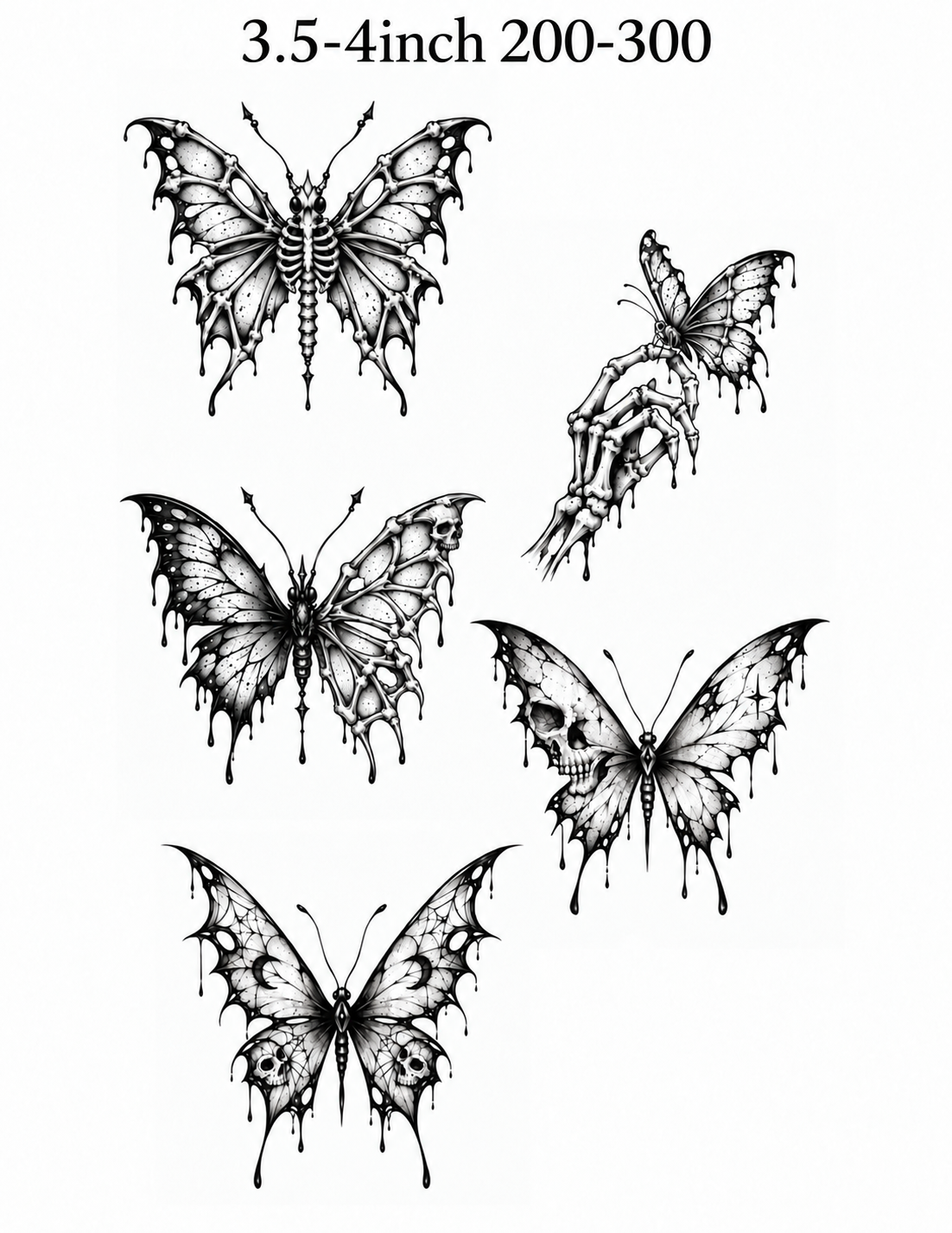 Skeletal Butterflies Halloween flash sheet by Owen, 5 designs, 3.5–4 inches per selected design