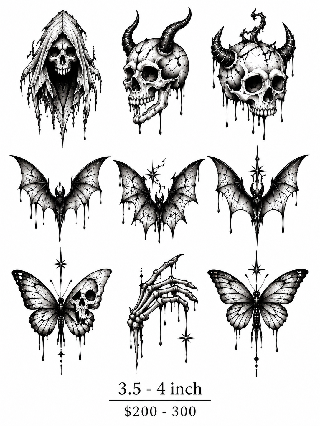 Skulls, Bats & Butterflies Halloween flash sheet by Owen, 9 designs, 3.5–4 inches per selected design