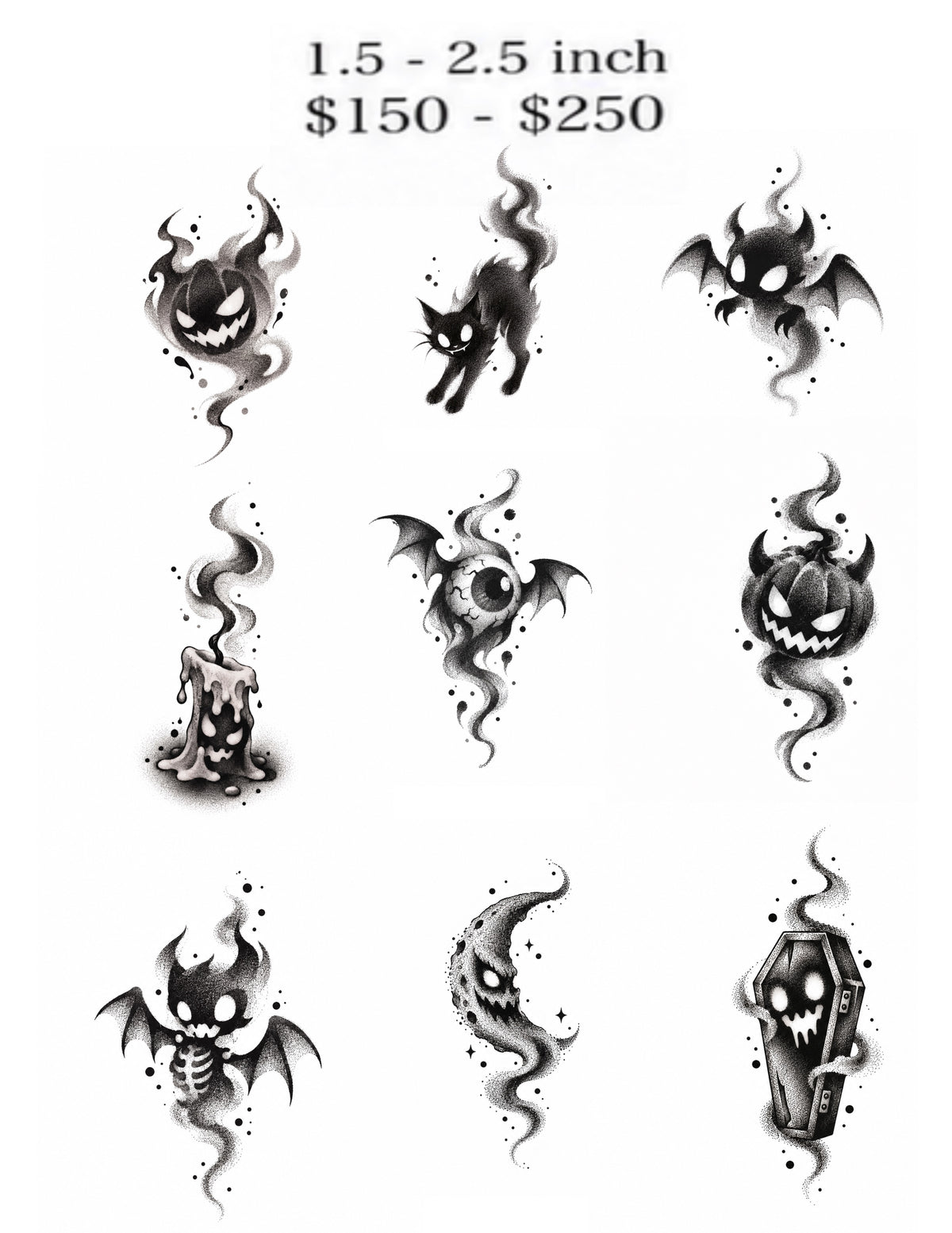 Smoky Halloween Creatures Halloween flash sheet by Owen, 9 designs, 1.5–2.5 inches per selected design