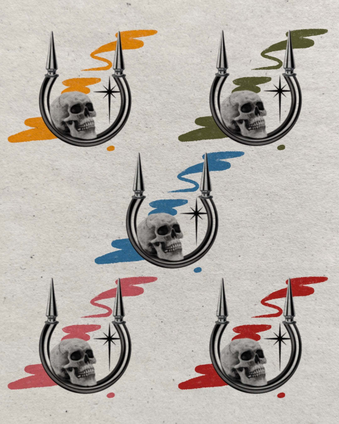Spiked skull horseshoe flash sheet with colorful brushstroke backgrounds by Solin